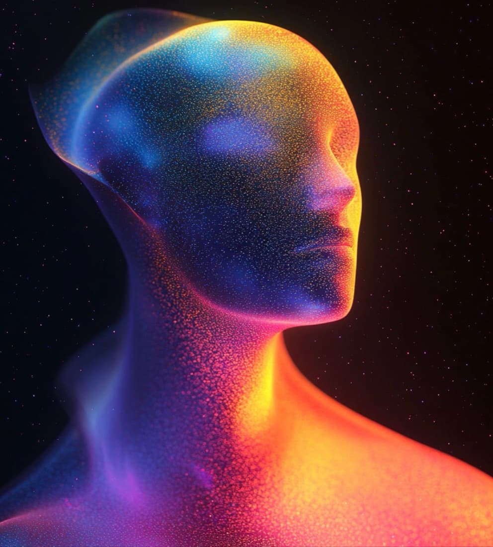Rostro formado por partículas de luz de colores